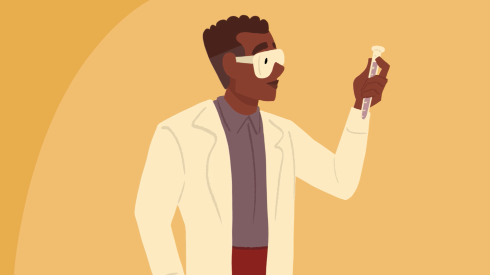 Illustration of man with lab goggles on holding test tube